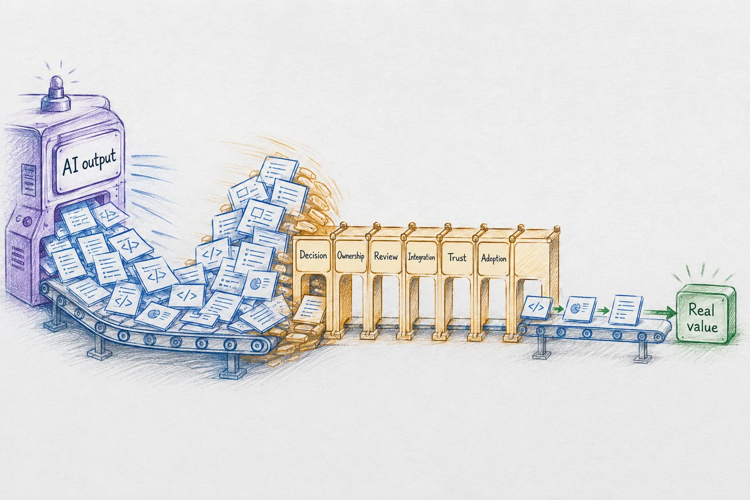 Hand-drawn production line: an AI machine on the left floods a conveyor with documents, code, and slides; a row of six gates labeled decision, ownership, review, integration, trust, and adoption holds most of it back as a backlog piles up; only a thin stream gets through to a box labeled real value.