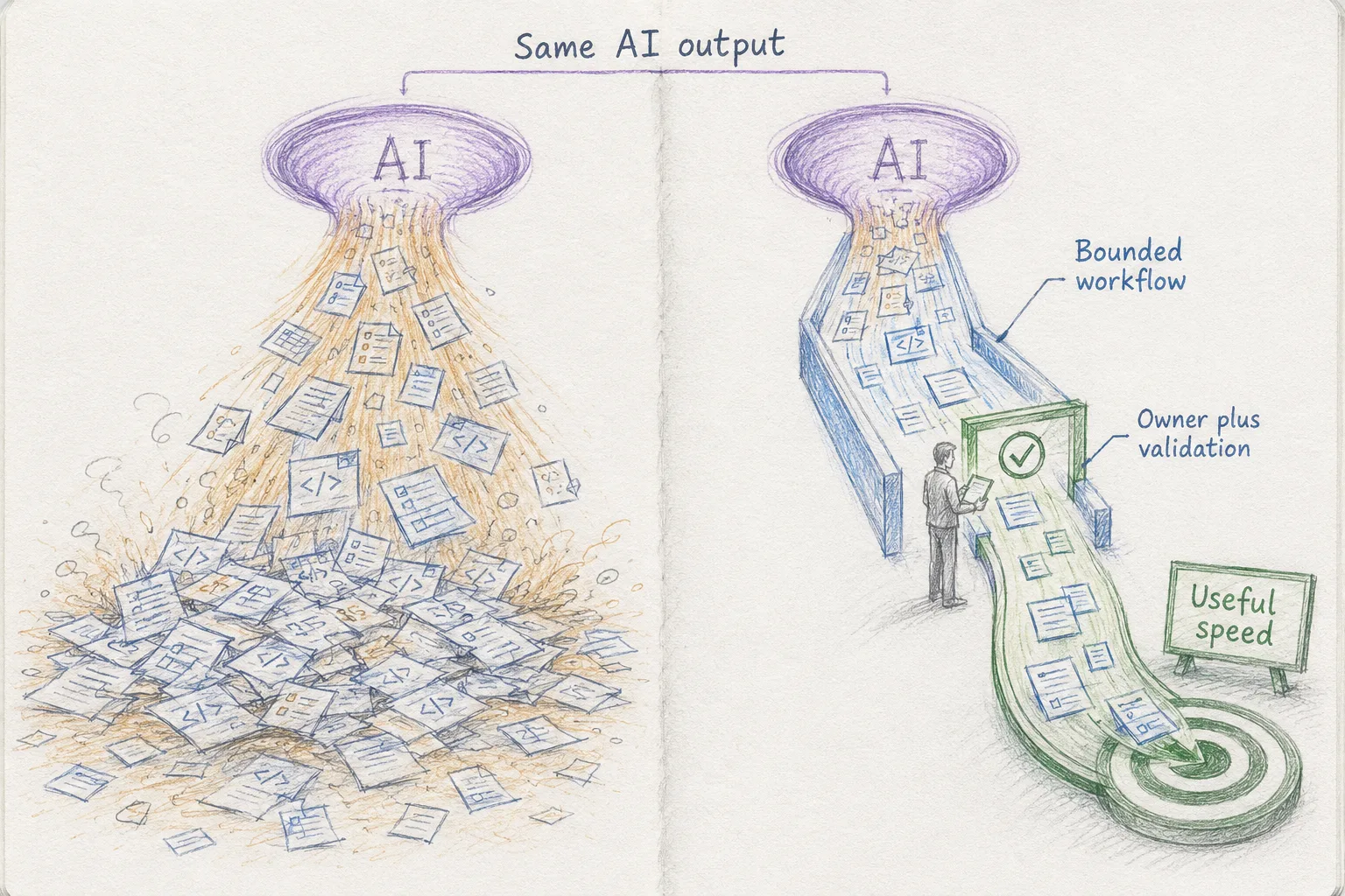 Side-by-side notebook sketch: on the left, AI output pours from a funnel and scatters into a chaotic heap; on the right, the same AI output is channeled through a bounded lane past an owner and a validation checkpoint, emerging as an orderly stream that lands on a target labeled useful speed.