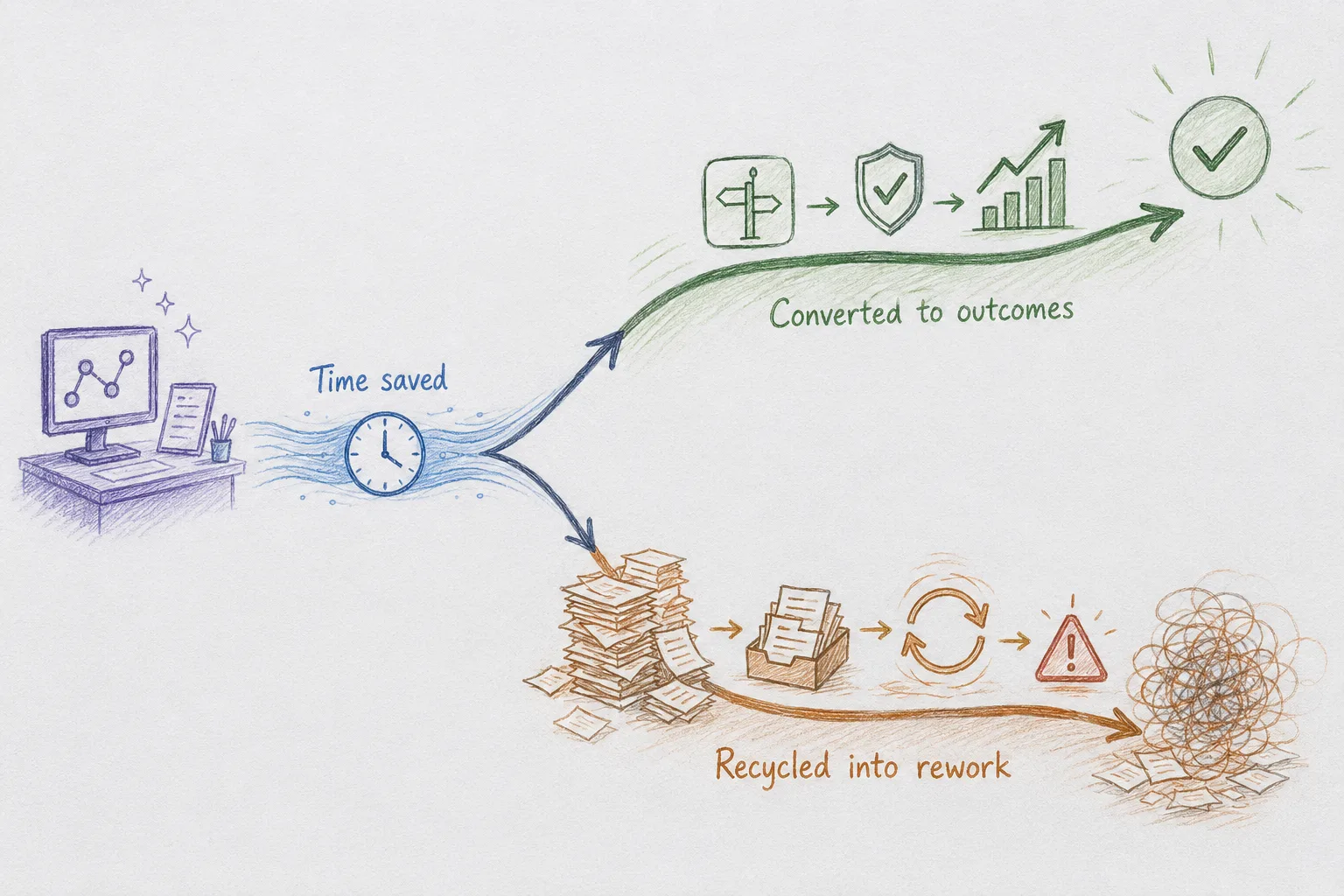 Hand-drawn fork: a stream labeled time saved flows from an AI workstation and splits — an upper green path runs through a decision, a quality check, and a rising chart to a validated outcome; a lower amber path runs through a backlog tray, looping rework, and an incident warning into a tangled mess.